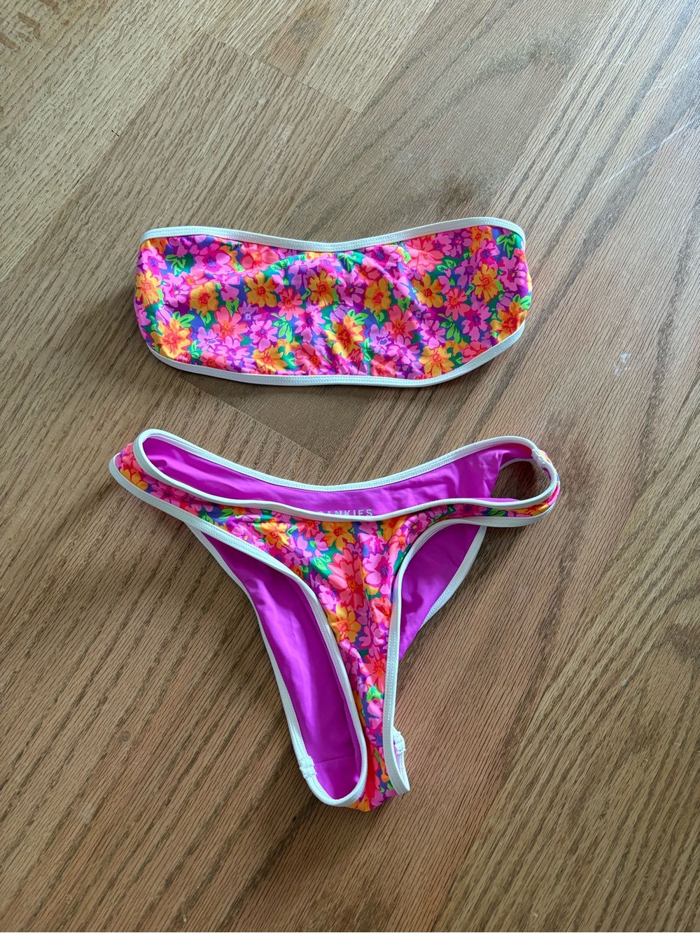 Frankie's Bikinis Hot Pink Bandeau with Multicolor Floral Trim